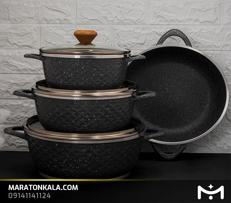 سرویس قابلمه 8 پارچه چدن طرح الماس رنگ مشکی ماراتن