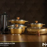 سرویس قابلمه 17 پارچه چدن طرح لبخندی رنگ طلایی