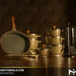 سرویس قابلمه 21 پارچه چدن طرح لبخندی رنگ طلایی