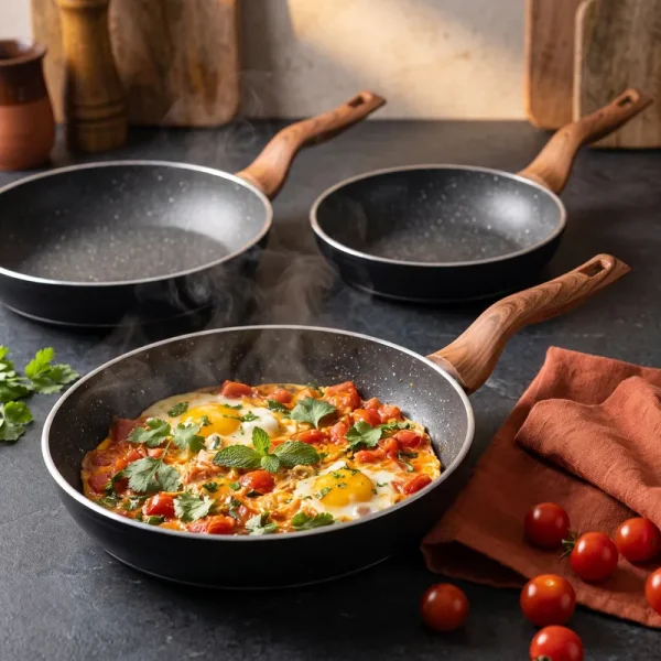 ماهی‌تابه چدن گرانیت مشکی ماراتن با املت گوجه‌فرنگی