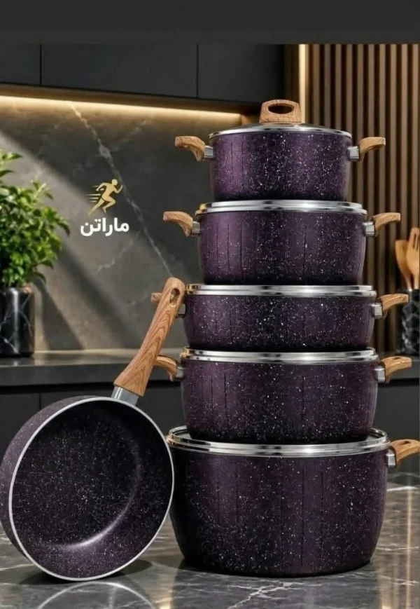 سرویس قابلمه 11 پارچه فورج دو رو گرانیت رنگ بادمجانی ماراتن