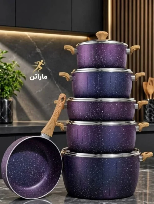 سرویس قابلمه 11 پارچه فورج دو رو گرانیت رنگ بنفش کهکشانی ماراتن