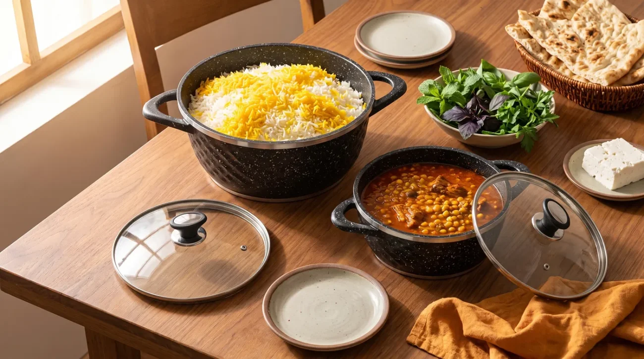 برنج زعفرانی در قابلمه چدن بزرگ و خورش قیمه در قابلمهٔ کوچکتر روی میز ناهار